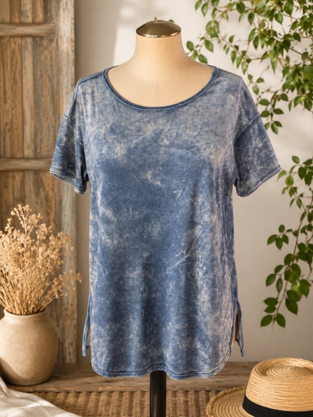 GreenTea Acid Wash Tee Medium Blue Mineral Wash Oversized Casual Top